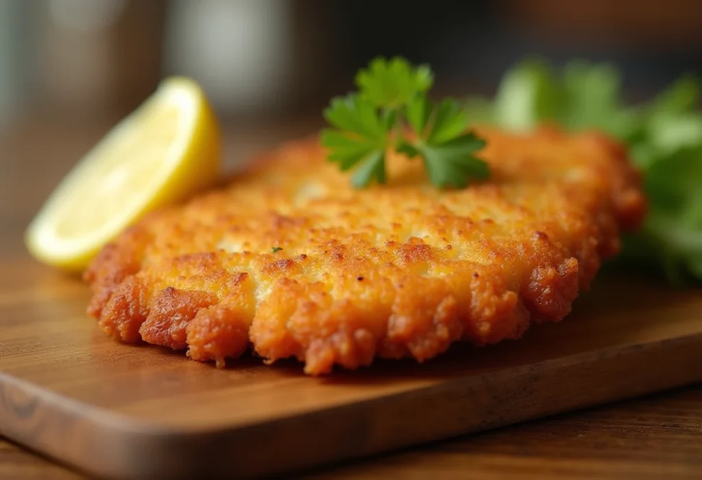 Schnitzel crocante e suculento em close