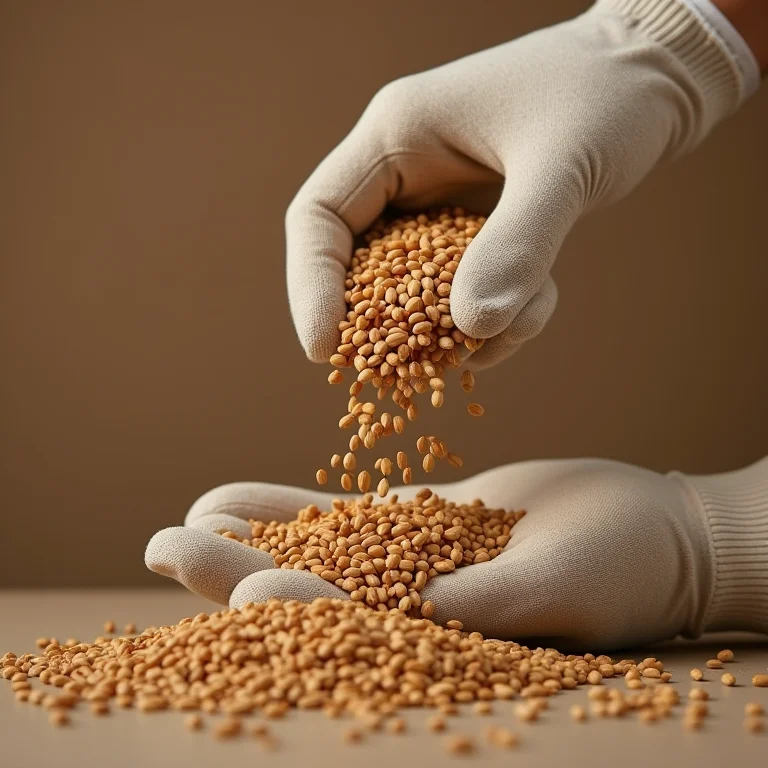 Sementes de capim Mombaça sendo despejadas na mão