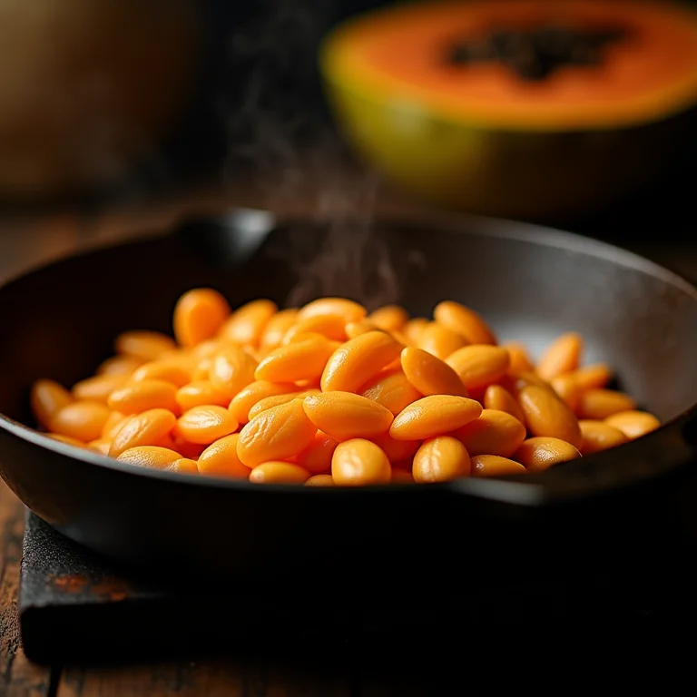 Sementes de mamão sendo torradas para uso culinário