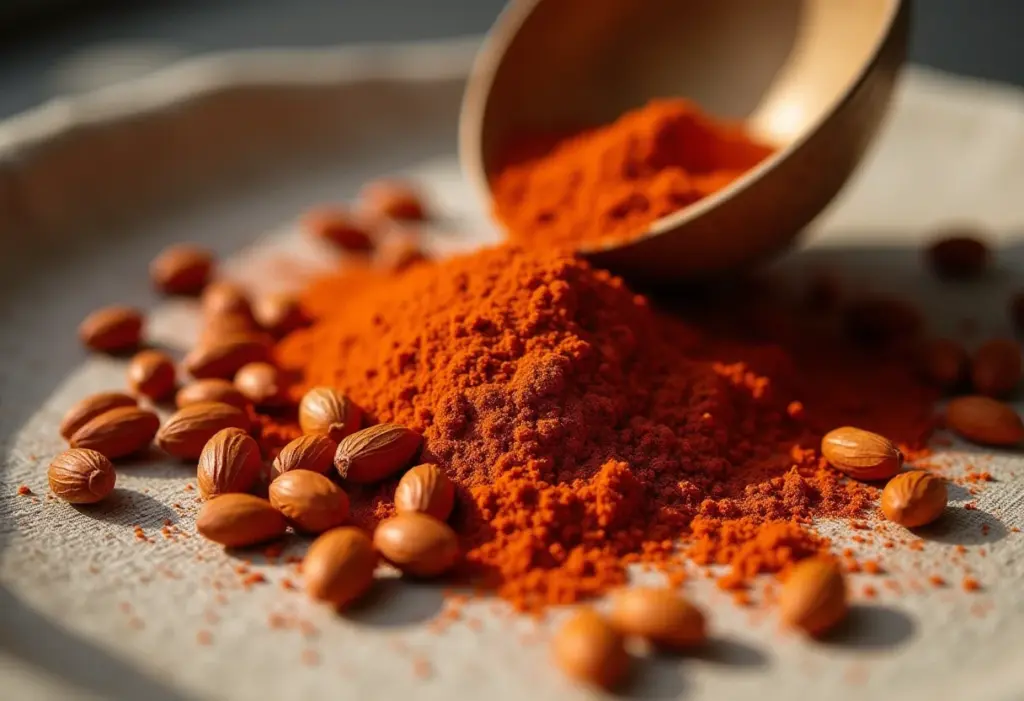 Sementes e vagens secas de urucum com pó vermelho vibrante.