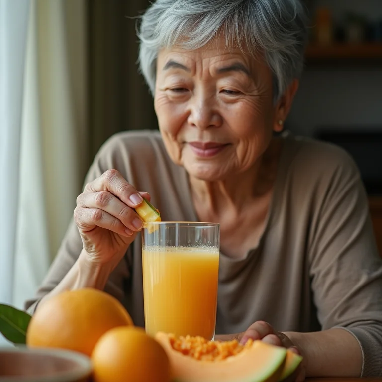 Senhora asiático-brasileira adicionando gengibre no suco de melão