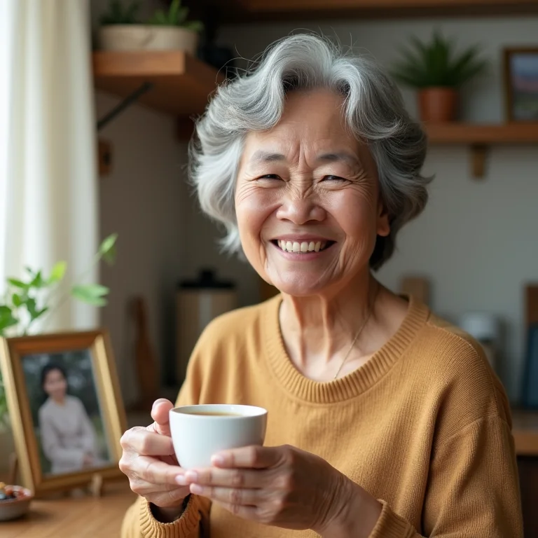 Senhora asiático-brasileira sorrindo com xícara de chá de baunilha na cozinha ensolarada.