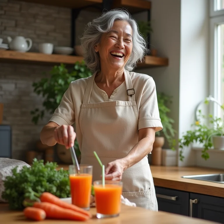 Senhora asiático-brasileira sorrindo enquanto prepara smoothie de cenoura