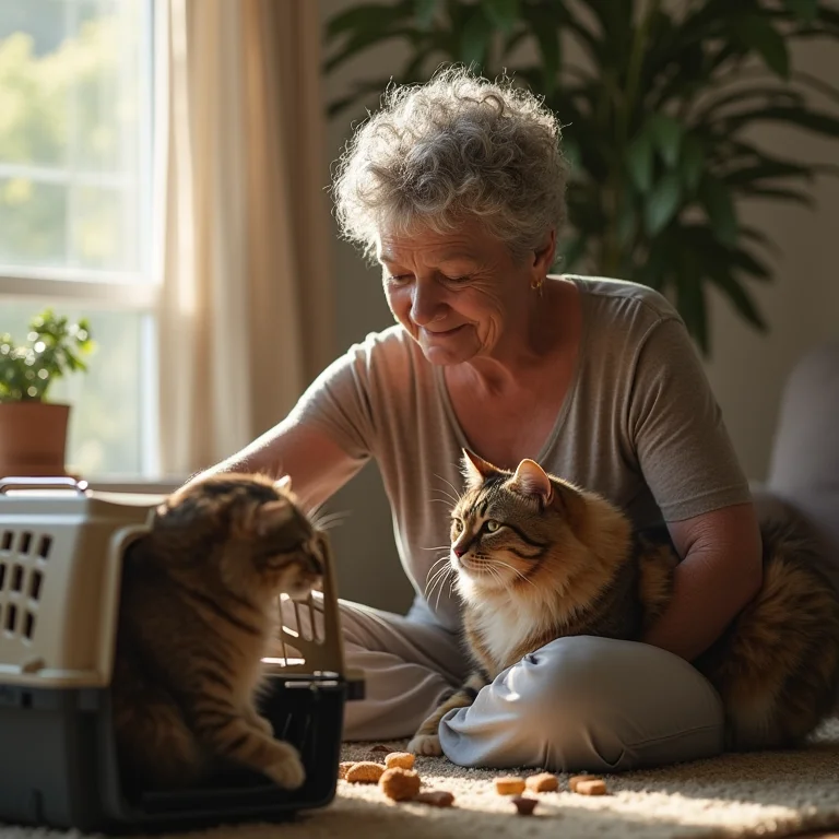 Senhora colocando gato na caixa de transporte