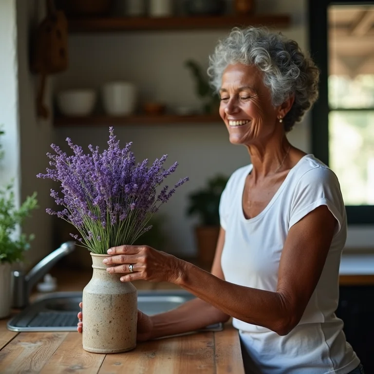 Senhora negra arrumando lavanda em vaso rústico