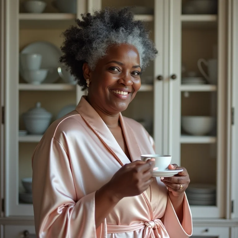 Senhora negra escolhendo xícara de chá na cristaleira.