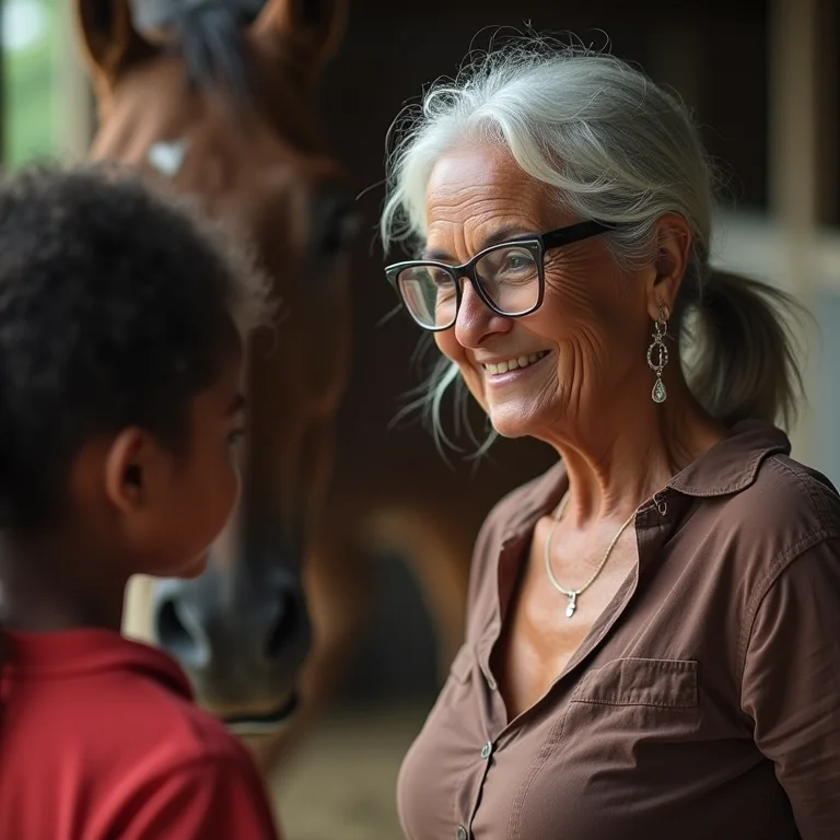 Senhora negra observando criança interagir com cavalo