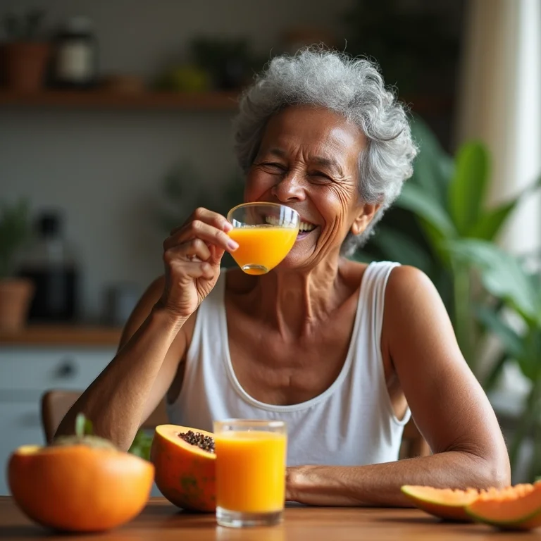Senhora negra sorrindo tomando suco de mamão