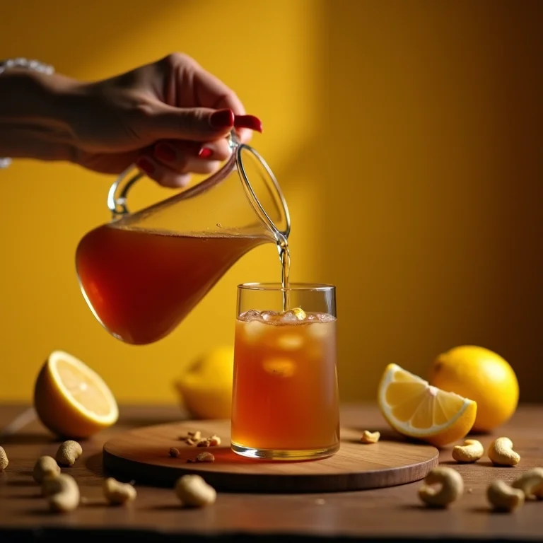 Servindo chá de caju com limão, antioxidantes para a pele.