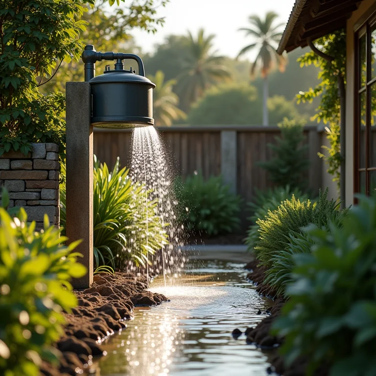 Sistema de captação de água da chuva sendo usado para irrigação.