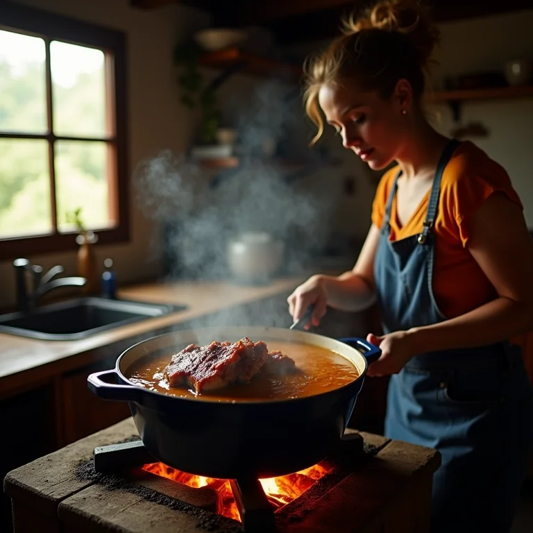 Sopa de mandioca com costelinha defumada sendo preparada em fogão a lenha, receita caseira e reconfortante