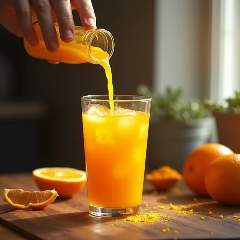 Suco de açafrão com laranja sendo servido com gelo.