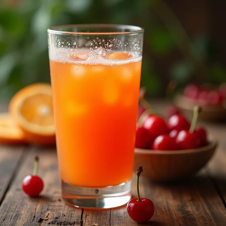 Suco de acerola e laranja com acerolas frescas ao lado