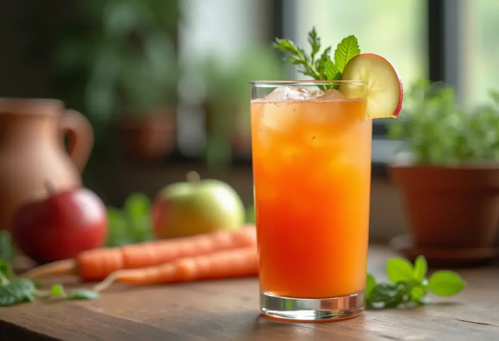 Suco de cenoura com maçã em copo de vidro.