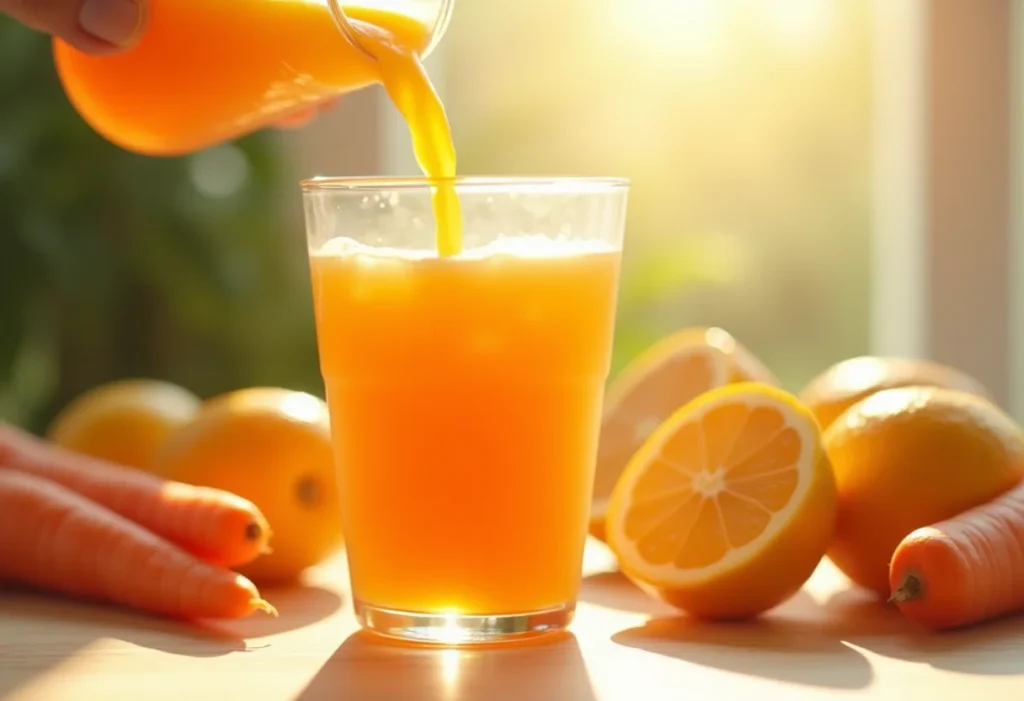 Suco de cenoura sendo servido em copo de vidro