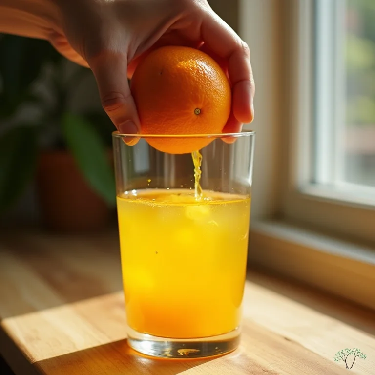 Suco de laranja sendo espremido sobre água com açafrão.