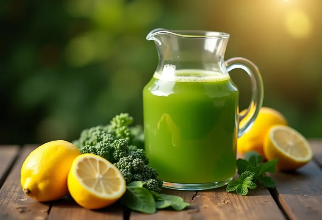 Suco de limão com couve detox em estilo rústico.