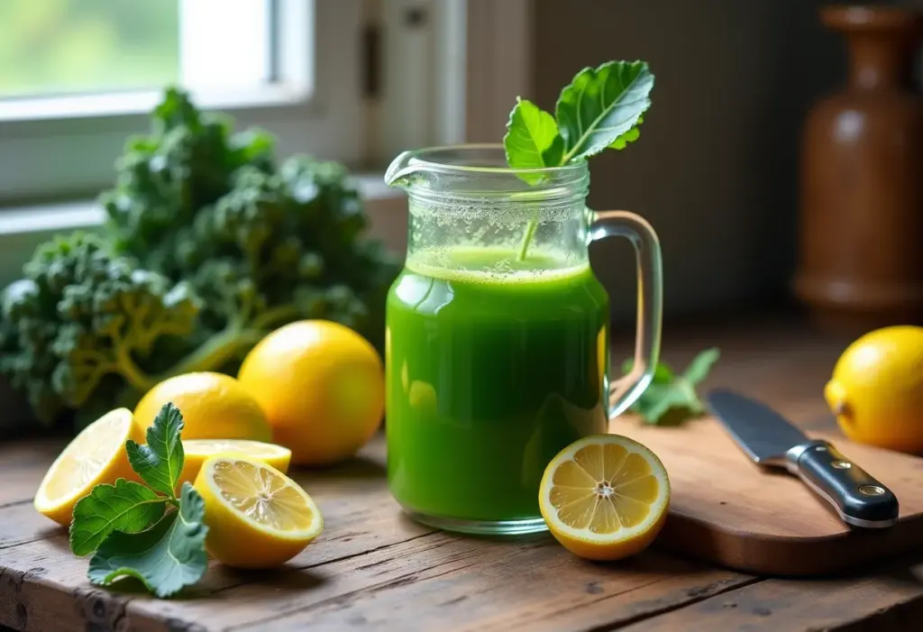 Suco de limão com couve detox: Refrescância e saúde em um copo.