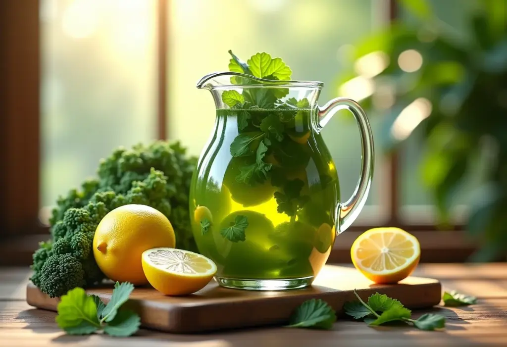 Suco de limão com couve detox servido em jarra rústica.
