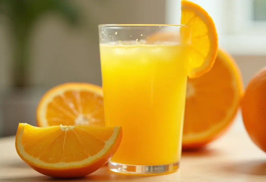 Suco de manga com laranja: o segredo para turbinar sua imunidade Suco de manga com laranja em copo de vidro com frutas frescas ao redor.