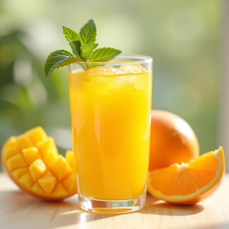 Suco de manga com laranja em um copo com frutas frescas