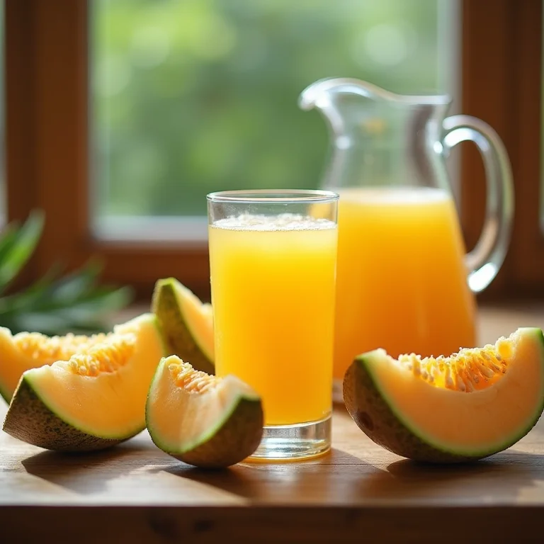 Suco de melão simples em copo com melão ao lado
