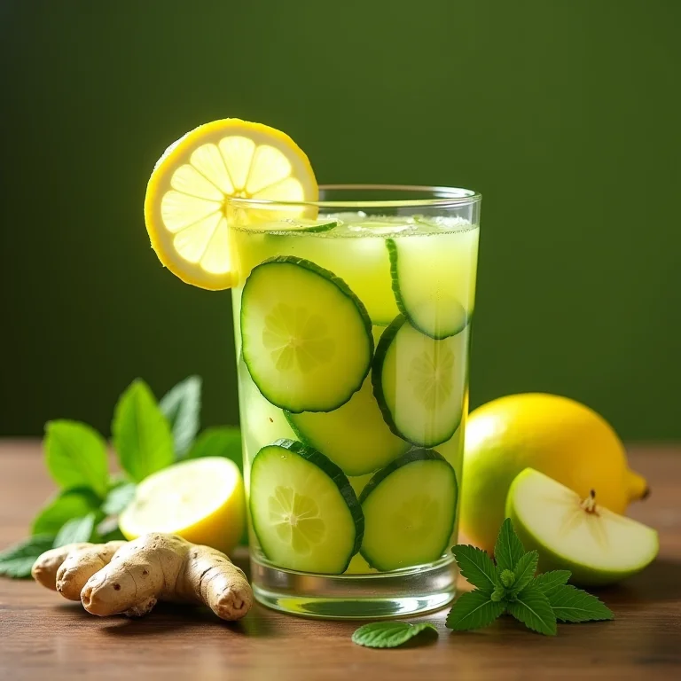 Suco de pepino com limão e opções de ingredientes adicionais.