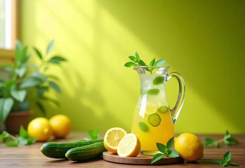 Suco de pepino com limão refrescante em mesa de madeira rústica.