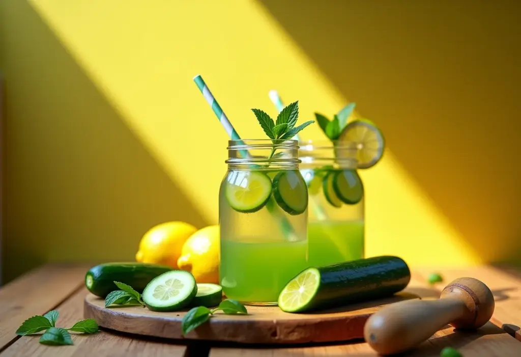 Suco de pepino com limão refrescante em mesa rústica