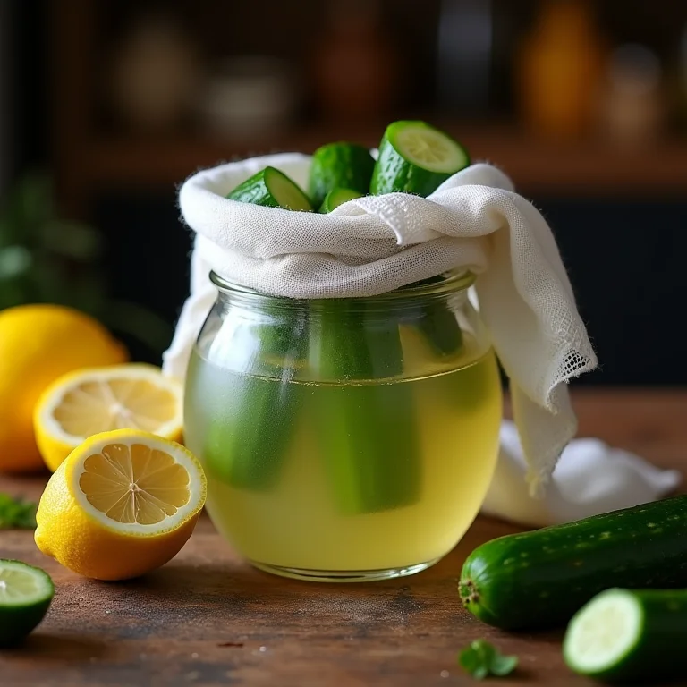 Suco de pepino e limão sendo coado em um pano de queijo.