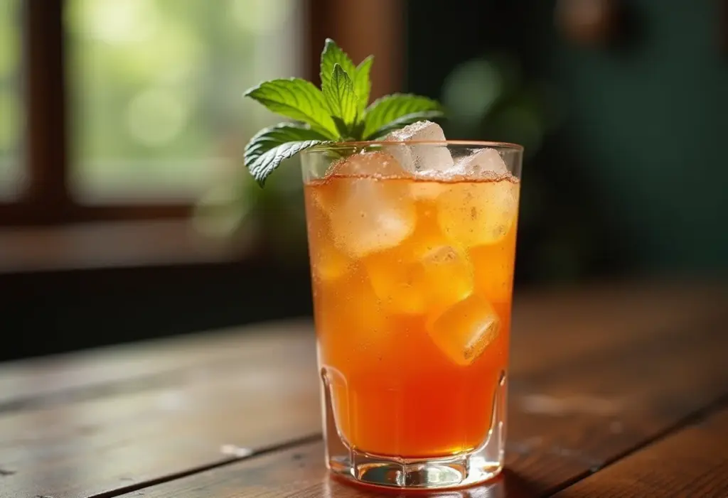 Suco de tamarindo gelado em um copo rústico.