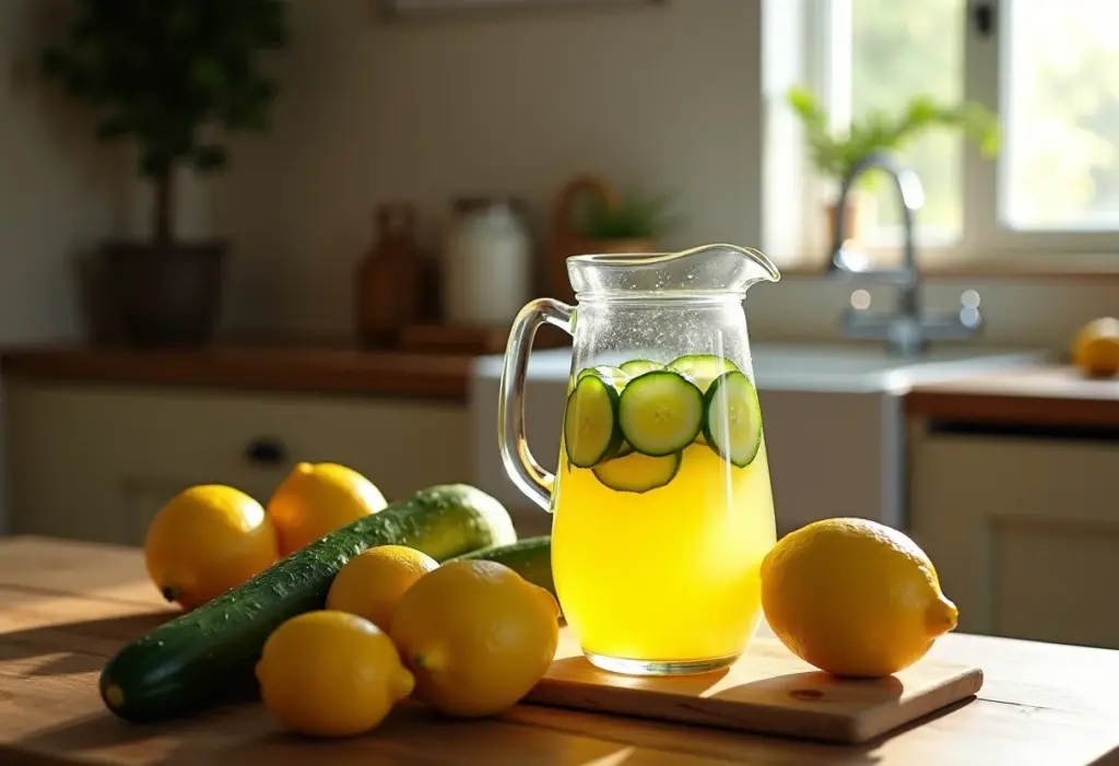Suco refrescante de pepino com limão em uma mesa de madeira rústica