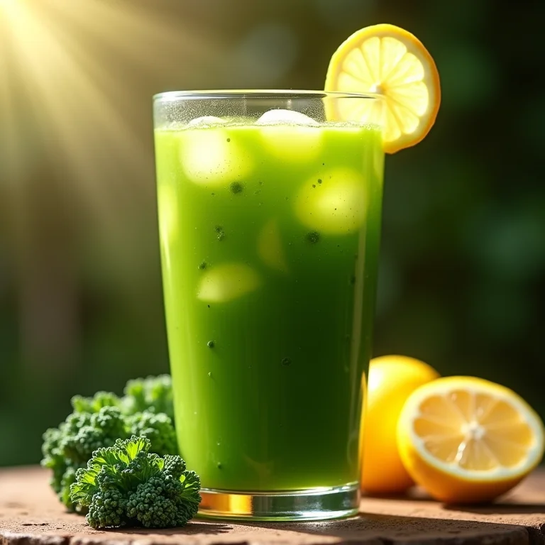 Suco verde detox de couve e limão em copo rústico