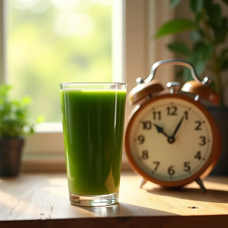 Suco verde em mesa com relógio marcando a hora