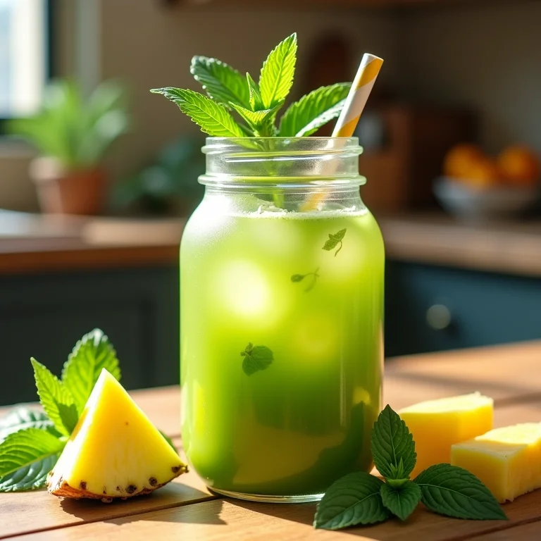 Suco verde turbinado com abacaxi e hortelã sendo servido.