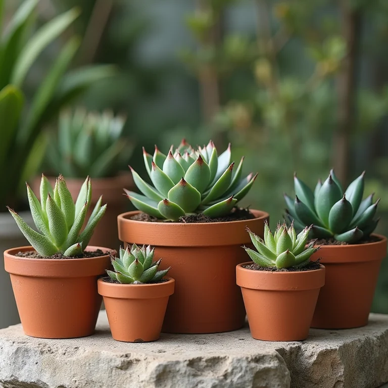 Suculentas e cactos em vasos de barro