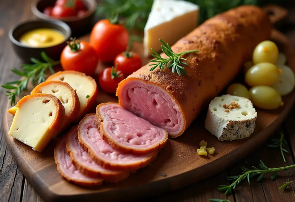 Tábua de frios com kassler defumado e acompanhamentos.