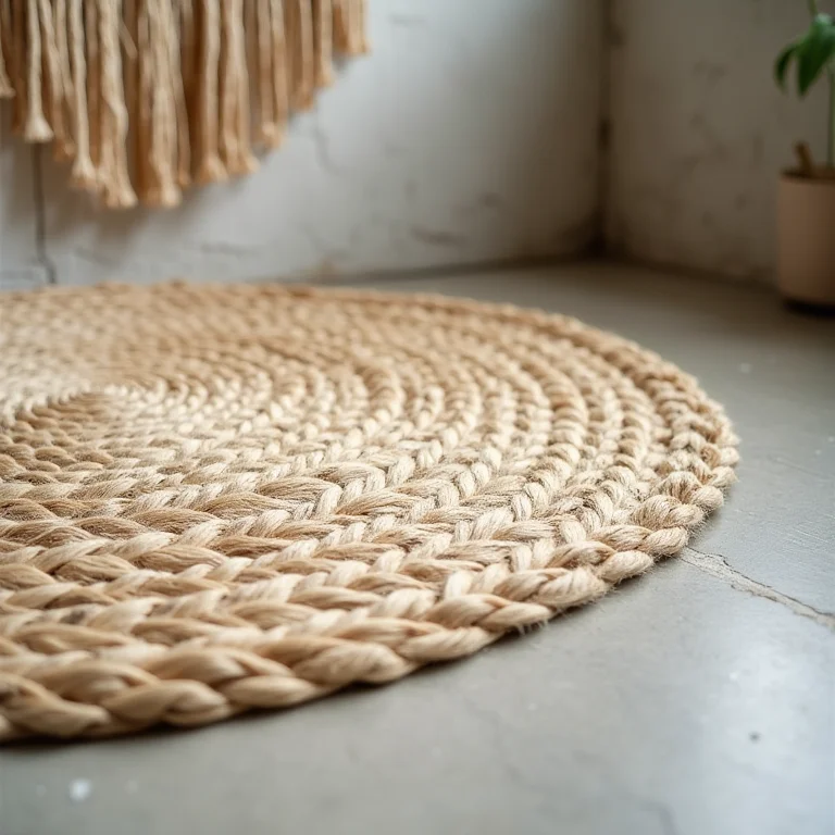 Tapete de juta texturizado sobre piso de concreto com painel de macramê na parede.