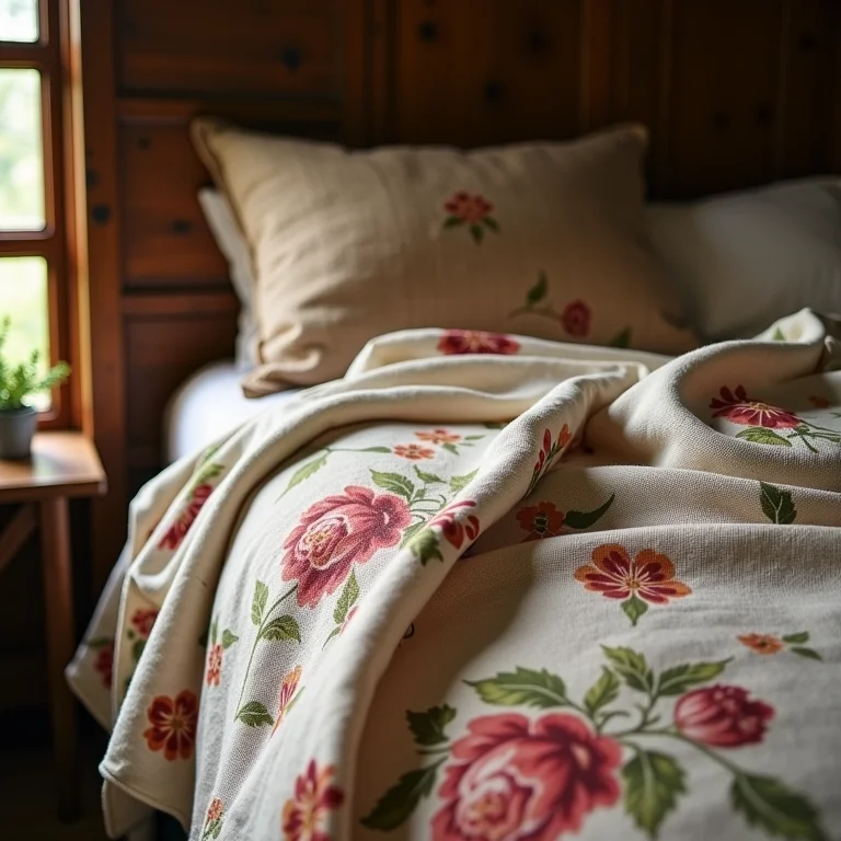 Tecidos rústicos e estampas florais em quarto