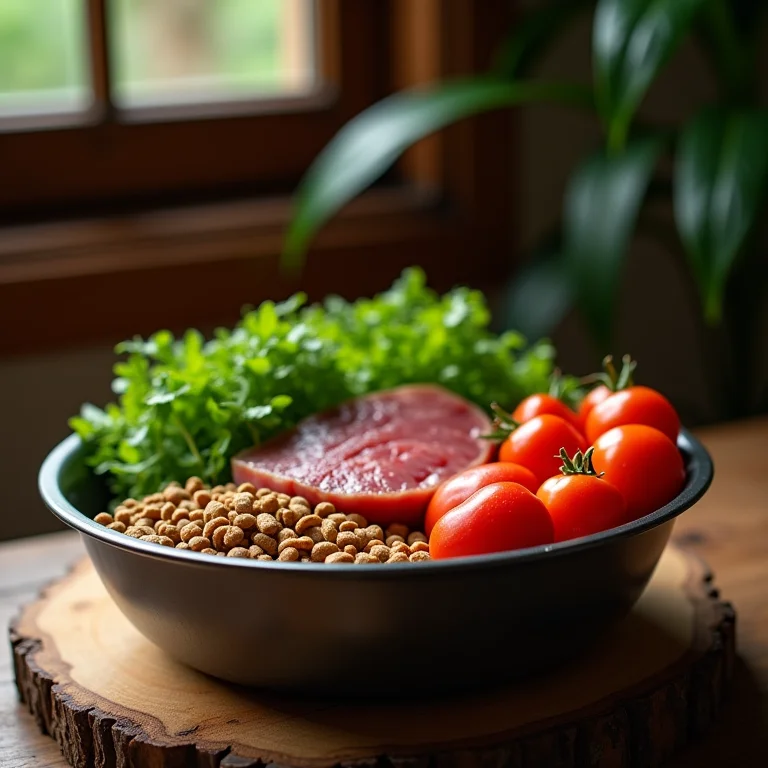 Tigela de comida balanceada para cães com ingredientes frescos