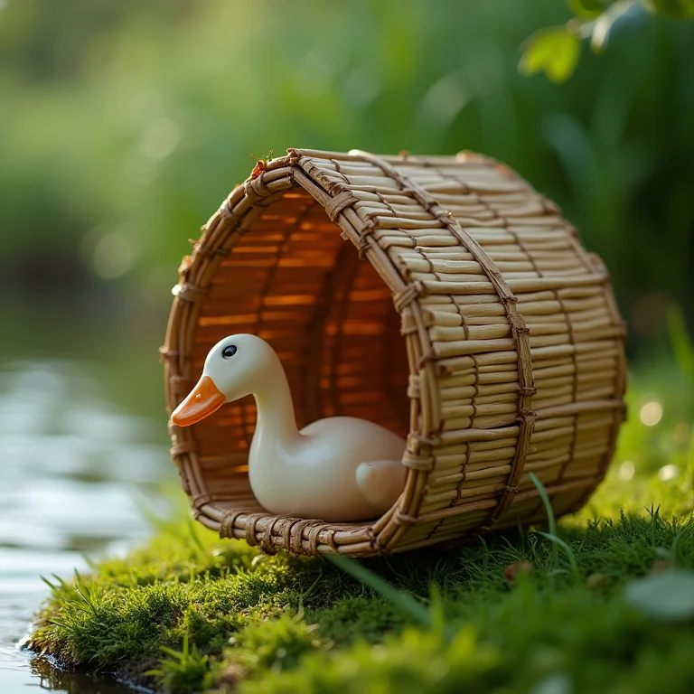 Toca de bambu para patos na margem do rio