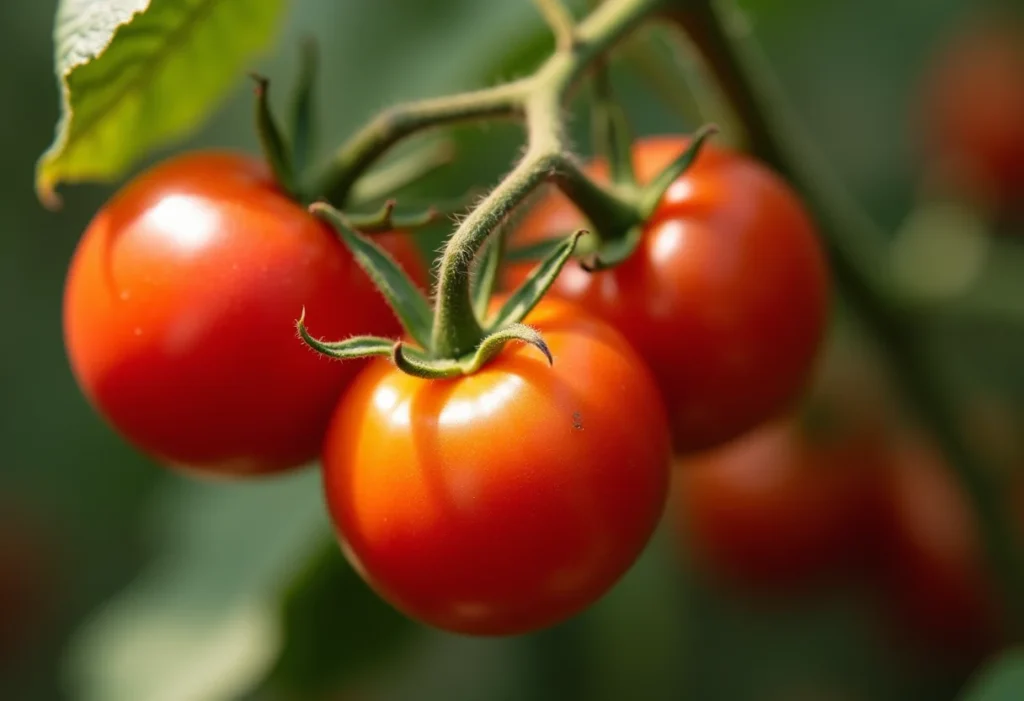 Tomates vermelhos e maduros em uma plantação, com foco na textura natural.