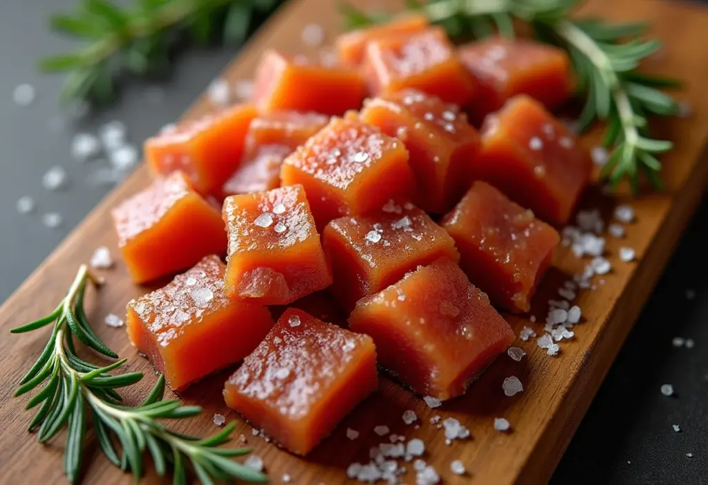 Torresmo crocante e apetitoso em tábua de madeira rústica.