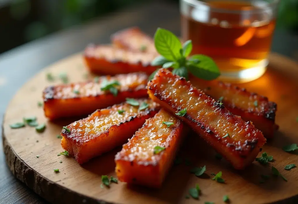 Torresmo crocante servido com cachaça em tábua de madeira rústica