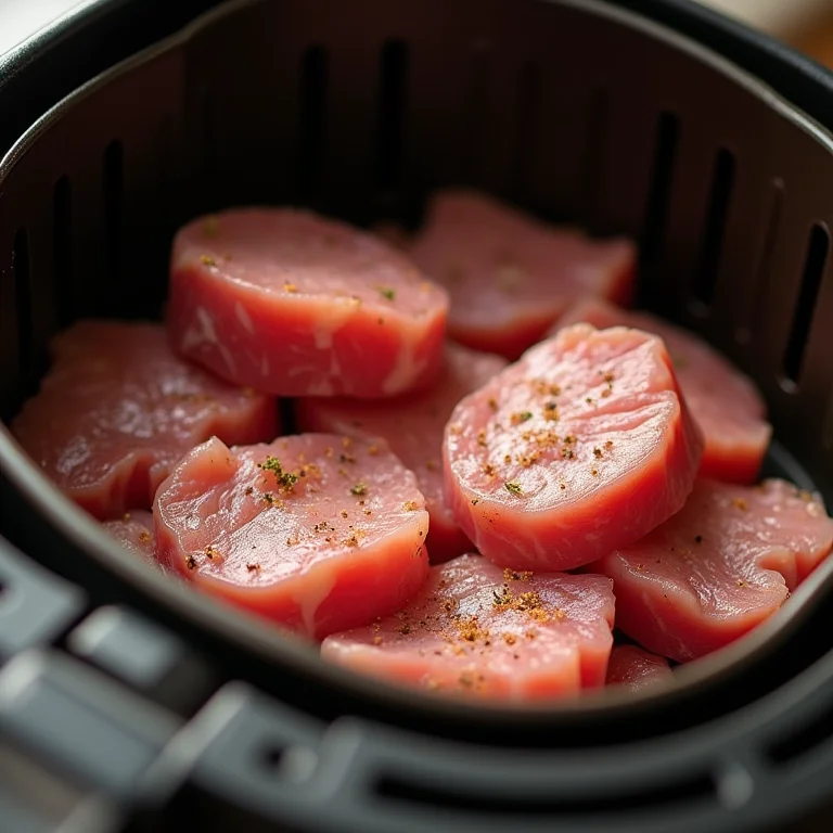 Torresmo cru temperado dentro da cesta da airfryer.