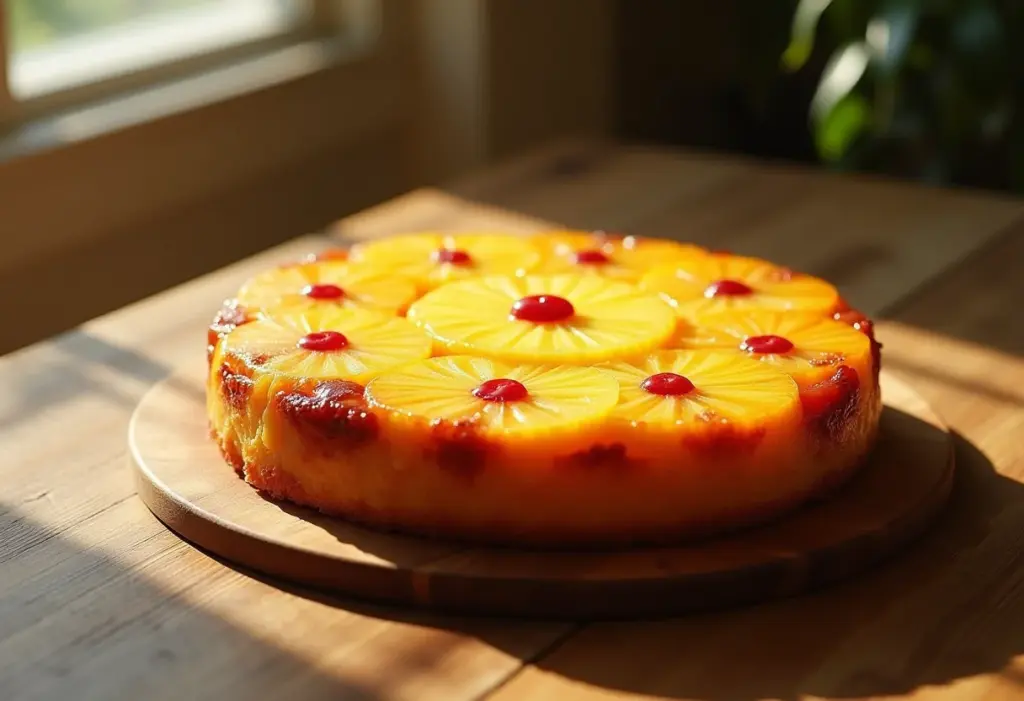 Torta de abacaxi dourada em mesa rústica