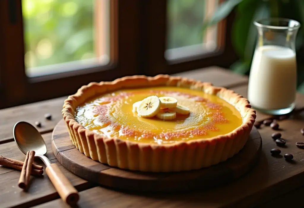 Torta de banana cremosa com doce de leite em mesa rústica