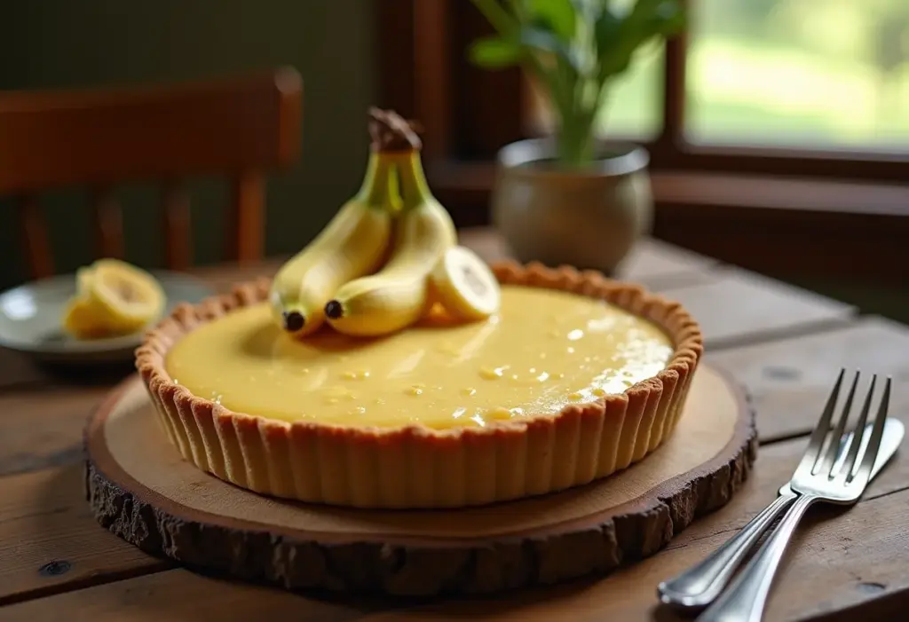 Torta de banana cremosa com doce de leite em mesa rústica.
