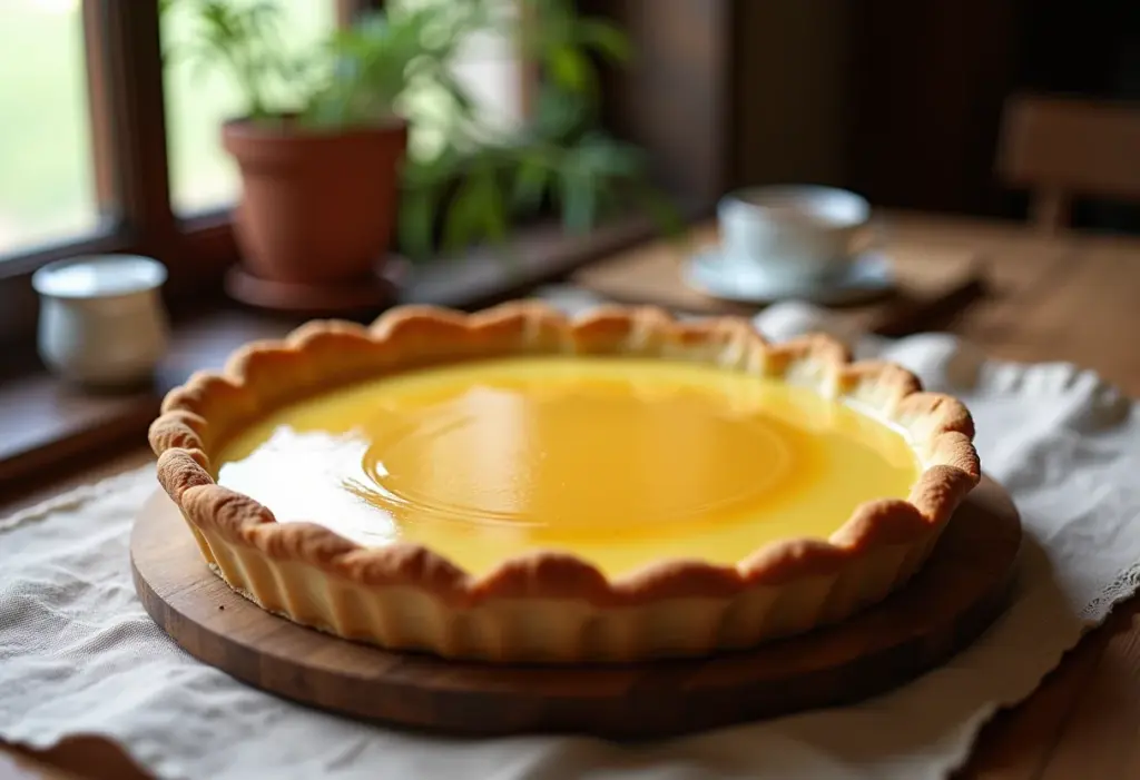 Torta de banana cremosa com doce de leite em mesa rústica.