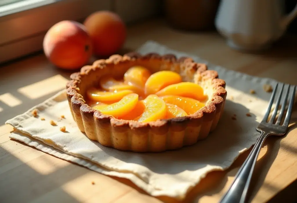 Torta de damasco rústica em balcão ensolarado.